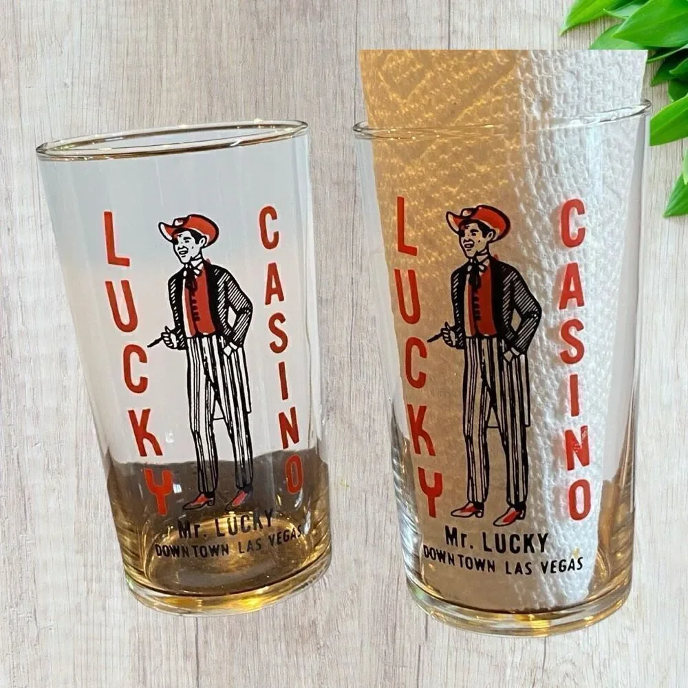 4 - Lucky Casino - Mr. Lucky - Downtown Las Vegas Bar Glass Vintage 4.75”